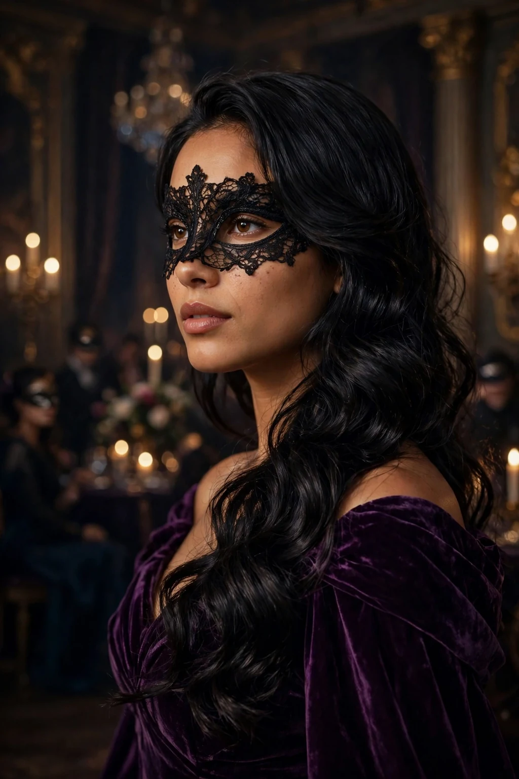 Young woman with a phantom side sweep and a dark lace masquerade mask.