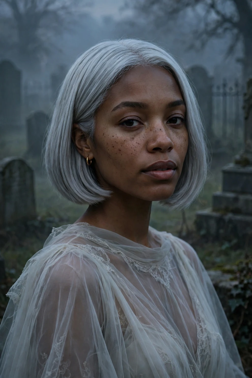 Young Black woman with a phantom silver gray bob and a ghostly costume.