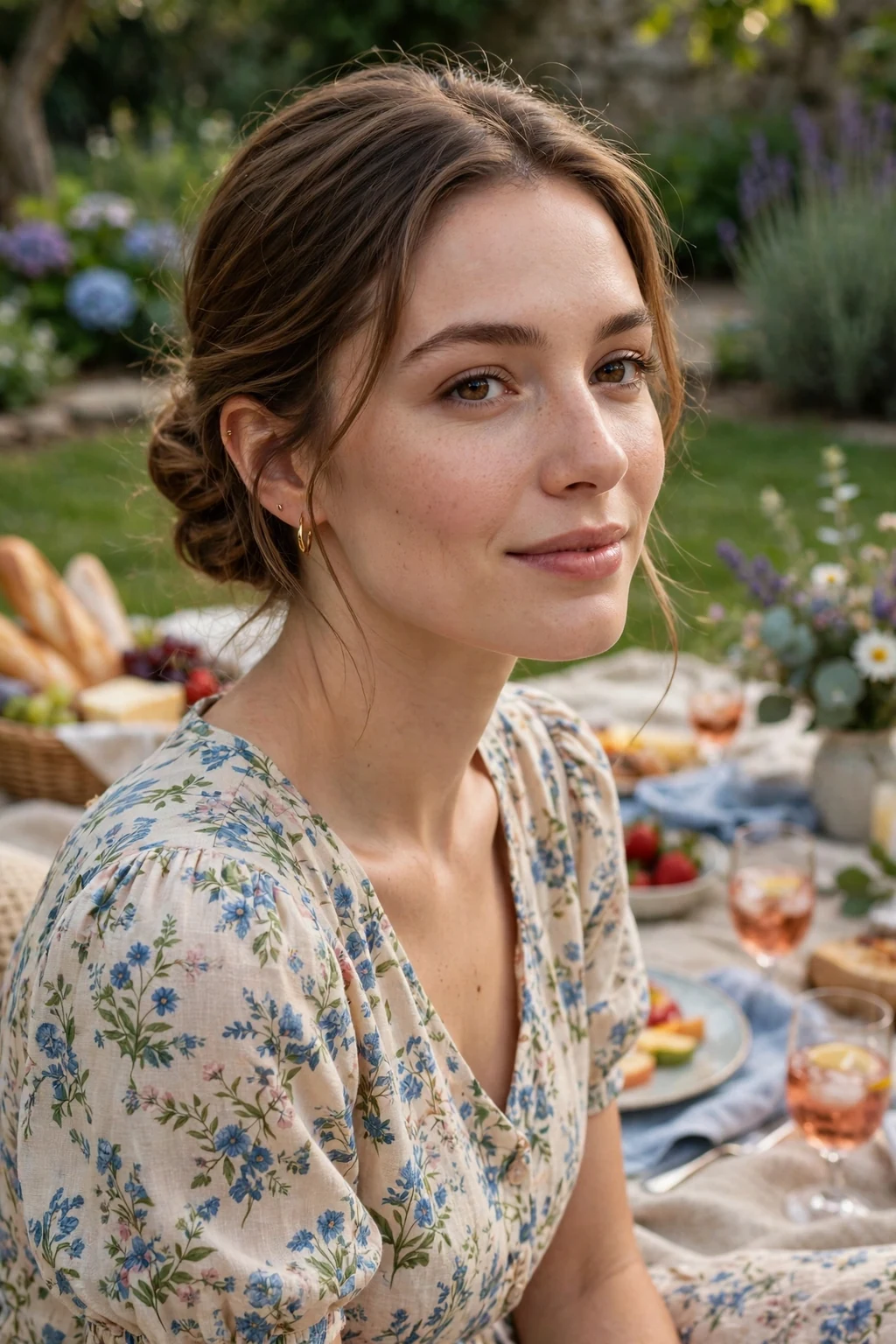 Young woman with a picnic-perfect low chignon at a garden luncheon.