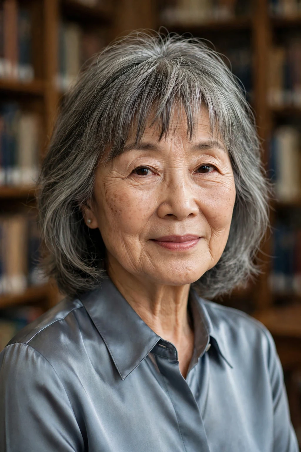 Beautiful older woman with piecey bangs, defined piecey bangs, polished light.
