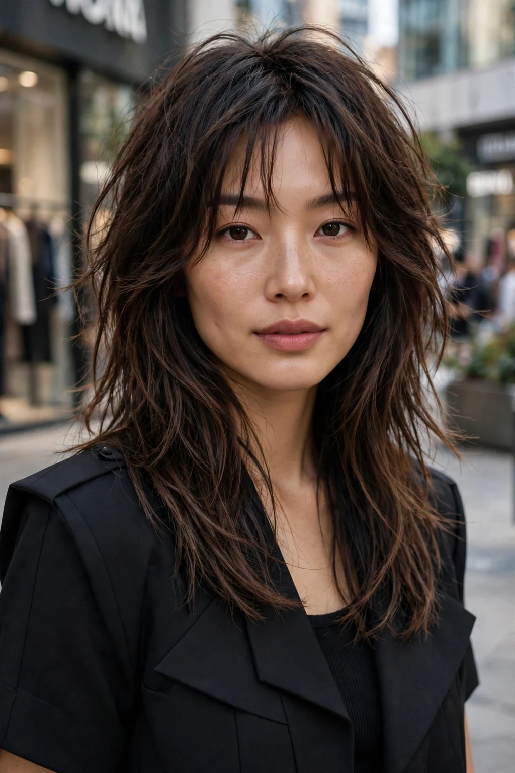Beautiful woman with piecey long shag, defined piecey long shag, modern light.