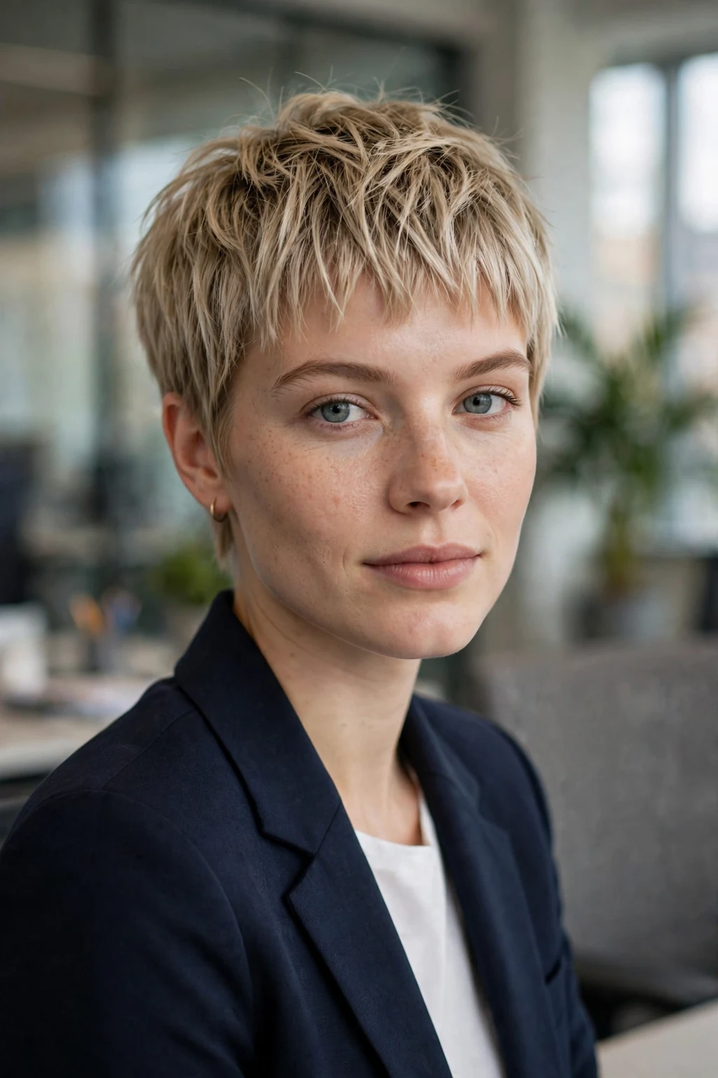 Beautiful woman with piecey pixie bangs, defined piecey pixie bangs, modern light.