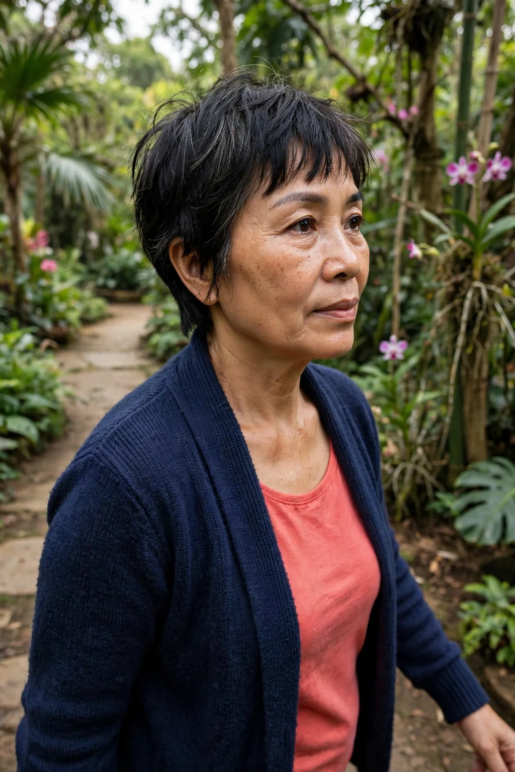 Mature woman over 50 with a piecey pixie with textured fringe haircut for fine thin hair, styled and full of volume.