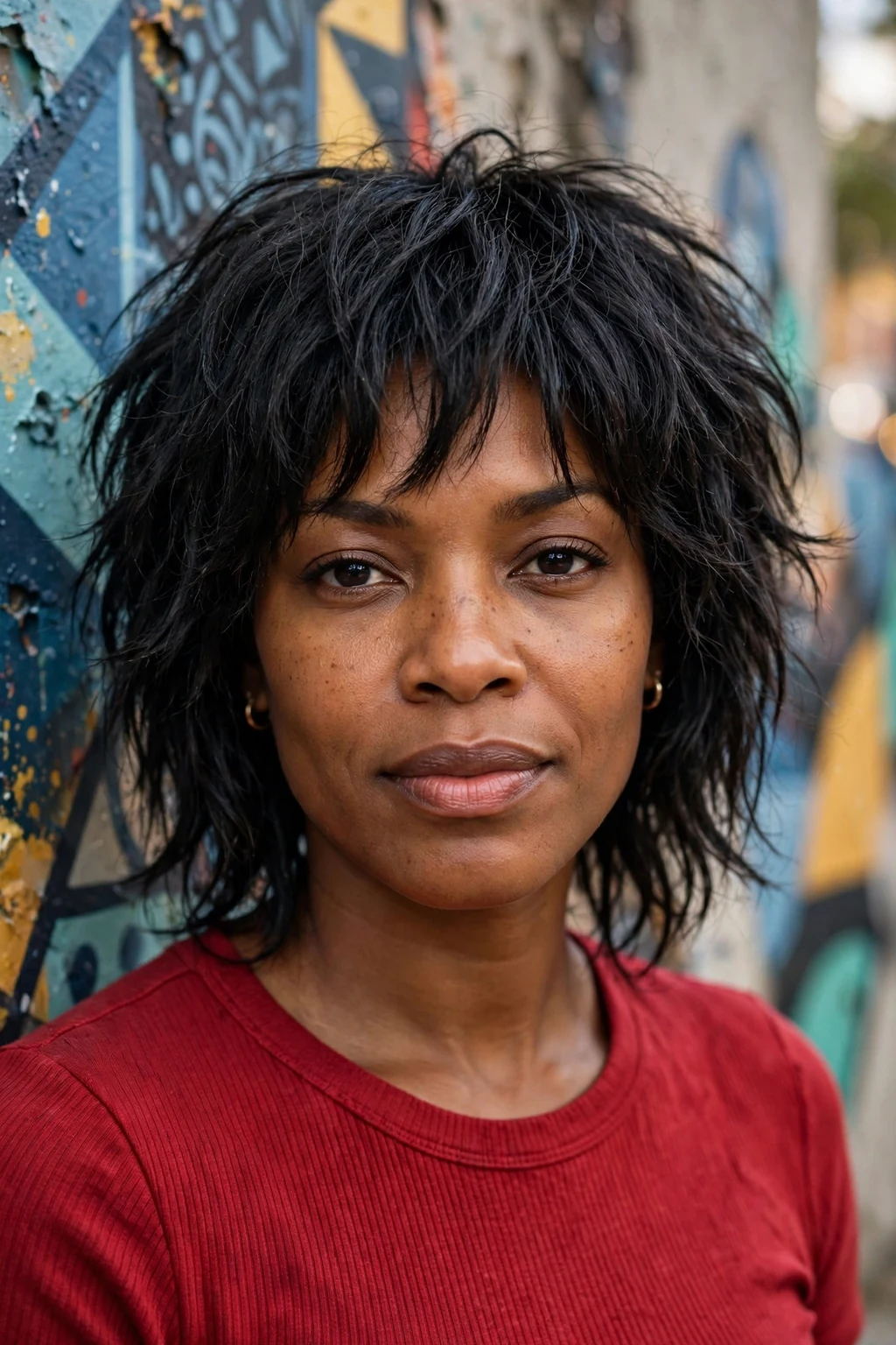 Beautiful woman with piecey shag cut, defined piecey shag, dynamic light.