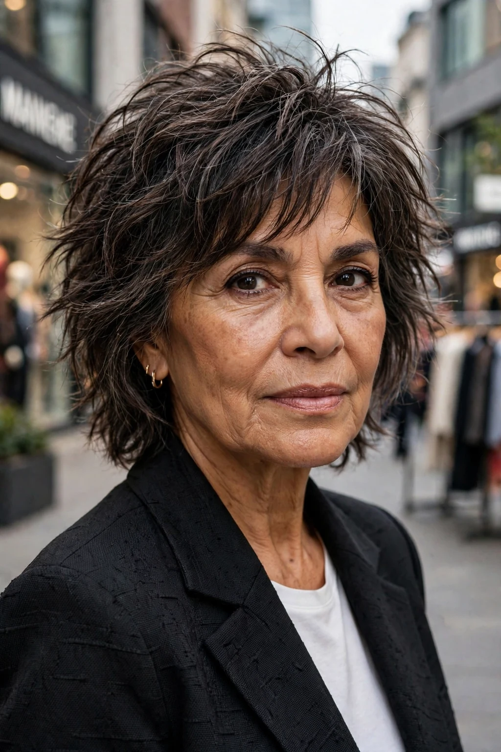 Beautiful woman over 60 with piecey shag, defined piecey shag, modern light.