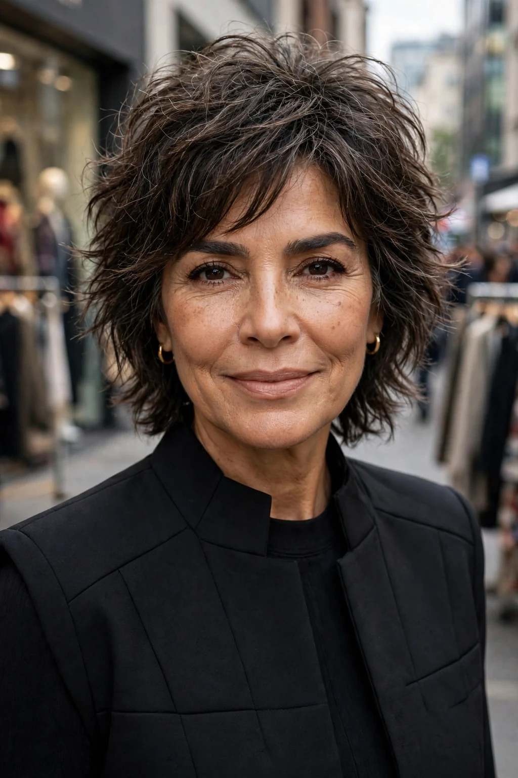 Beautiful woman over 50 with piecey shag, defined piecey shag, modern light.
