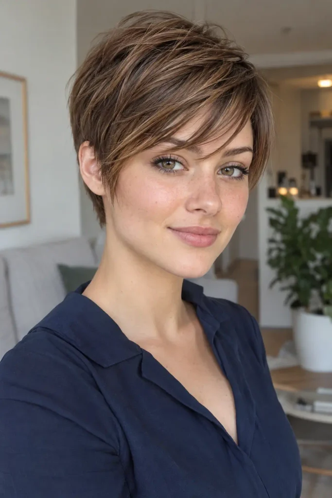 Feminine Pixie Haircuts with a defined piecey side fringe and layered crown