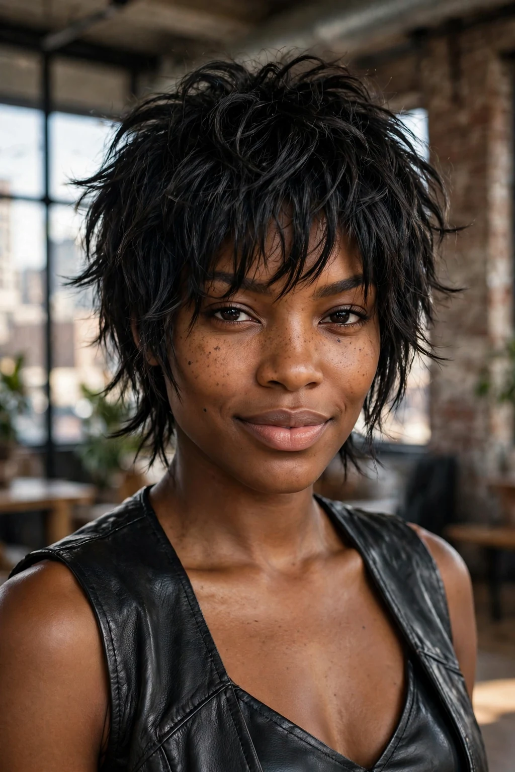 Beautiful woman with piecey wolf cut, defined piecey wolf, dynamic light.
