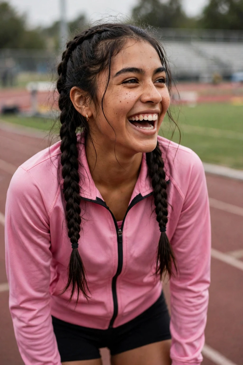A young woman athlete with pigtail braids on a track.