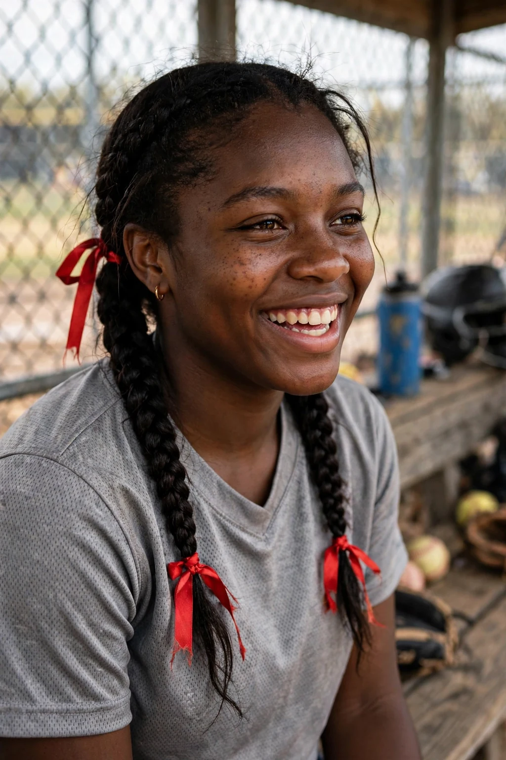 Young softball player with pigtail braids tied with ribbons, smiling in the dugout.