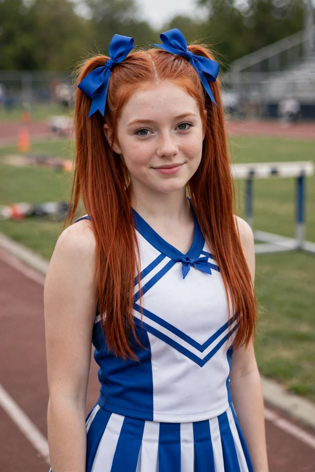 Young cheerleader with high pigtails and matching blue bows, cheering on a track sideline.
