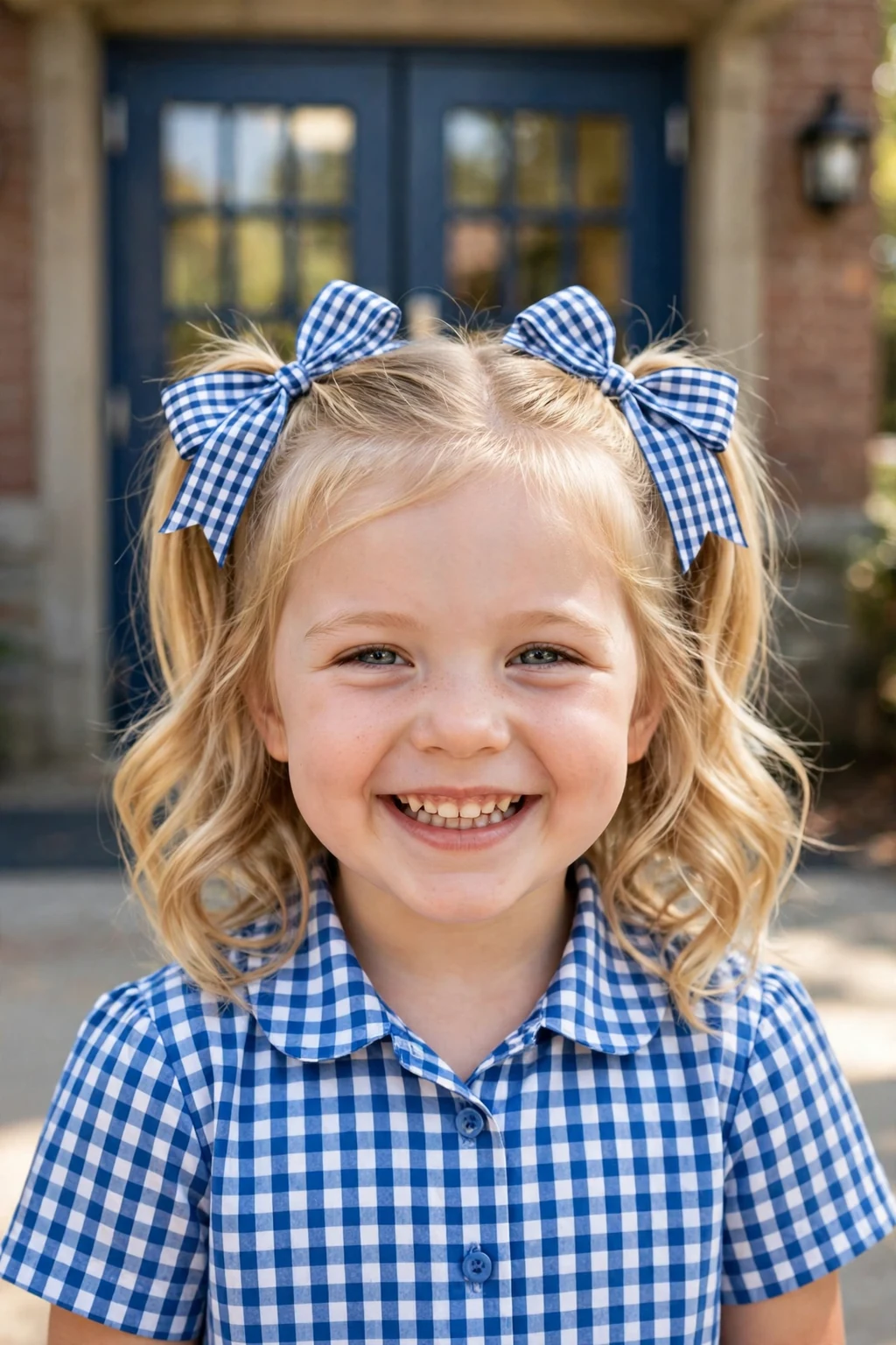 A young girl with high pigtails tied with big ribbons smiling for her school picture.