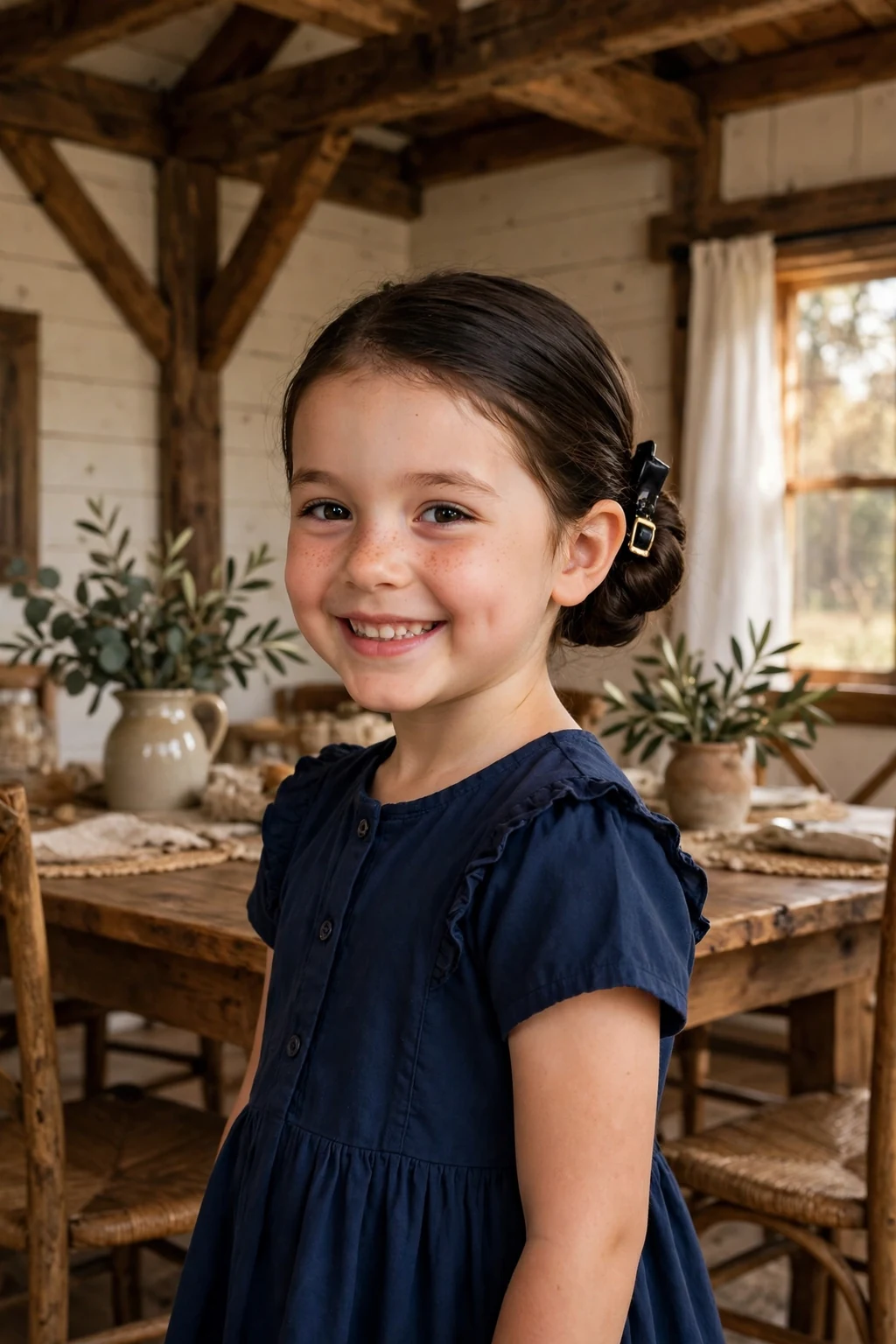 A young girl with a neat low bun shaped like a pilgrim hat top, wearing a navy dress in a farmhouse dining room.