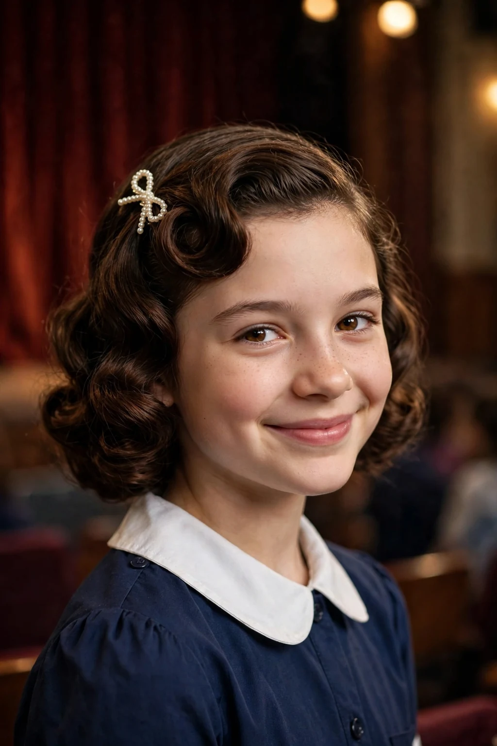 A young girl with vintage pin-curl waves and a bow smiling for her school picture.