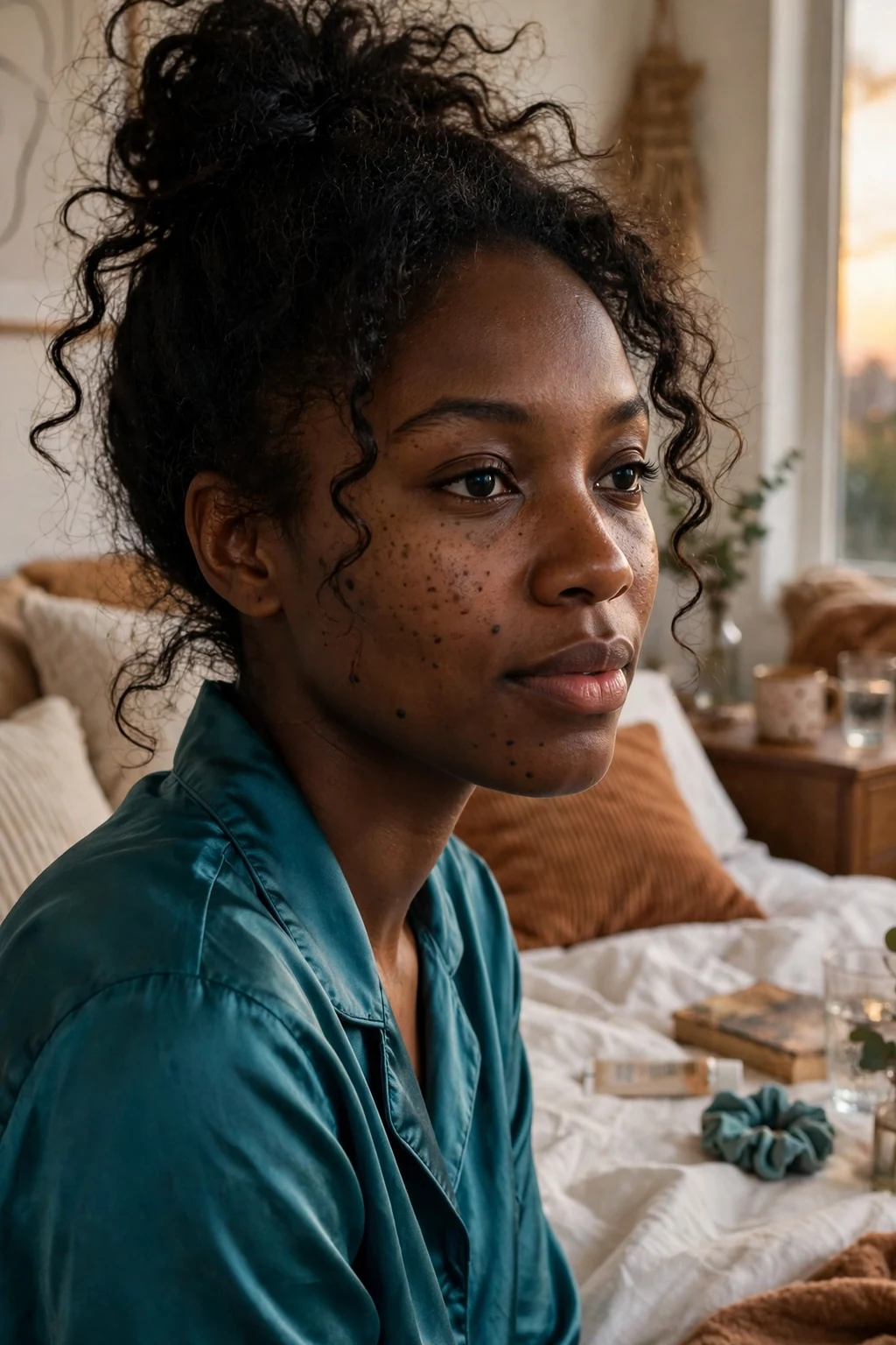 A young Black woman with long curly hair gathered in a high loose pineapple bun on top of her head getting ready for bed.