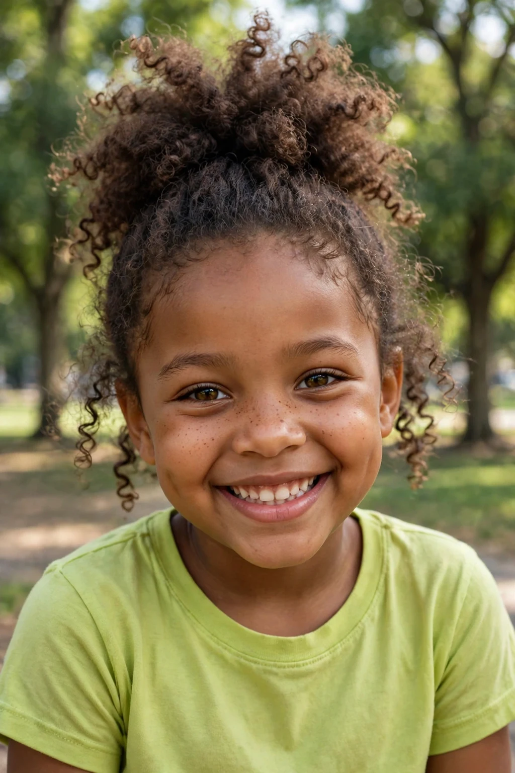A young girl with a high pineapple puff of curls on top of her head at a park.