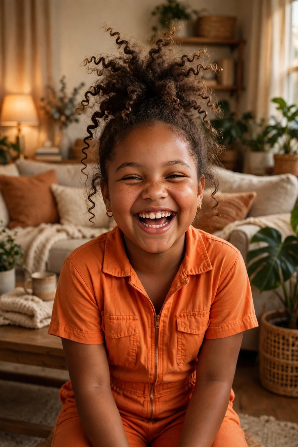 A joyful 8-year-old Black girl with a high pineapple updo of loose curls, wearing an orange jumpsuit in a living room.