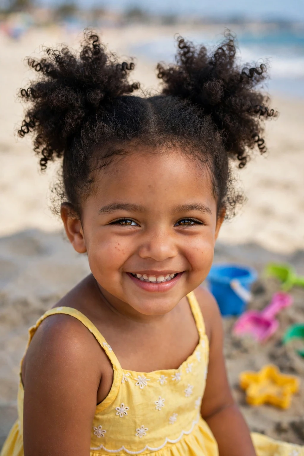 A toddler girl with pineapple puff hairstyle, wearing yellow sundress, in beach with sand toys.
