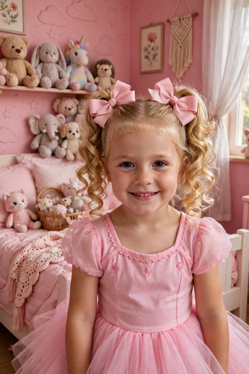 A young girl with high curly pigtails and pink bows in a pink bedroom.
