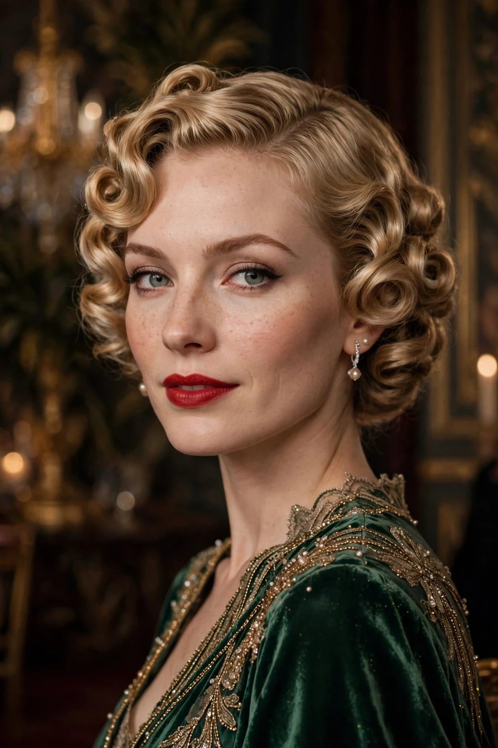 Beautiful woman with pinned curls updo, glamorous pinned curls, vintage light.