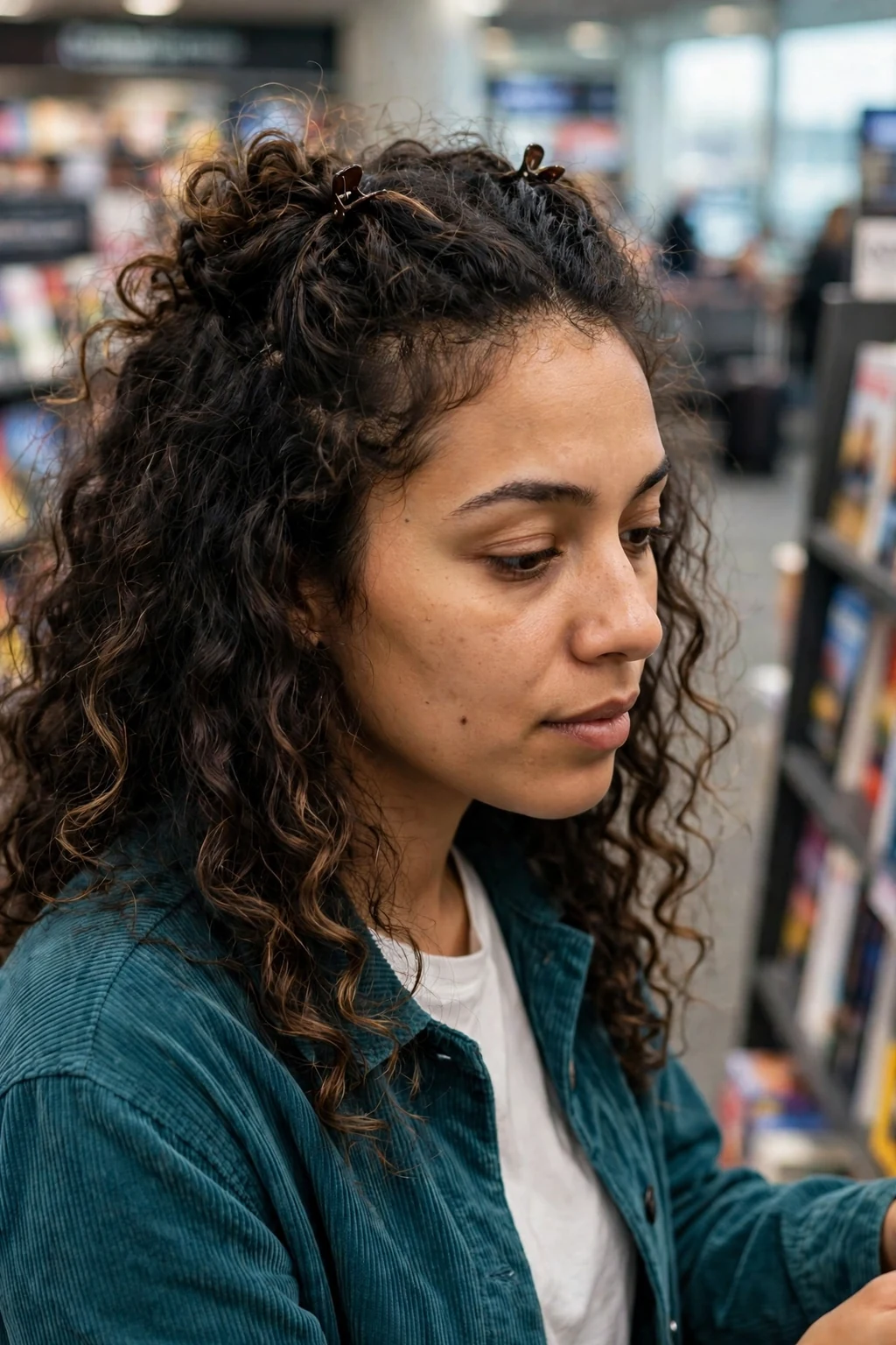 Young mixed-race woman with a pinned curly half-up hairstyle browsing in an airport bookstore, wearing a teal corduroy jacket.