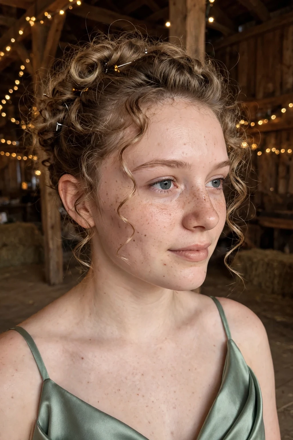 Young woman aged 18 to 20 with pinned short curly updo hairstyle for prom, a barn venue with warm fairy lights.