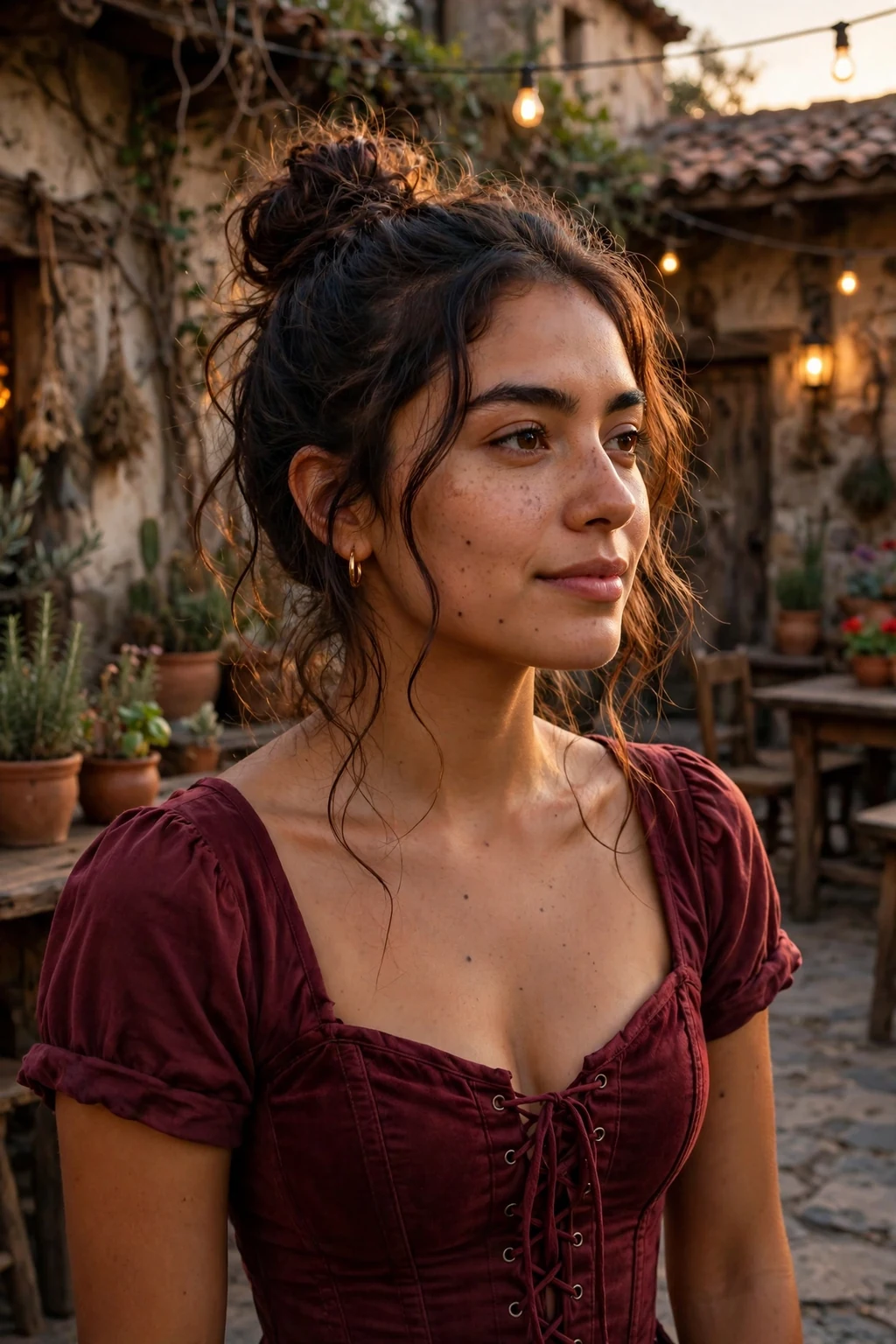 Young woman with a messy top knot wearing a burgundy corset-style top in a rustic tavern courtyard.