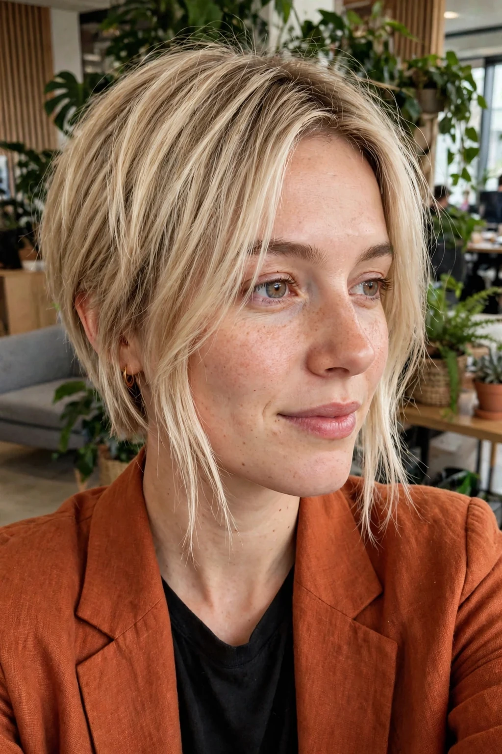 Young woman with a pixie bob, a longer pixie with bob length at the front, full of texture for fine hair.