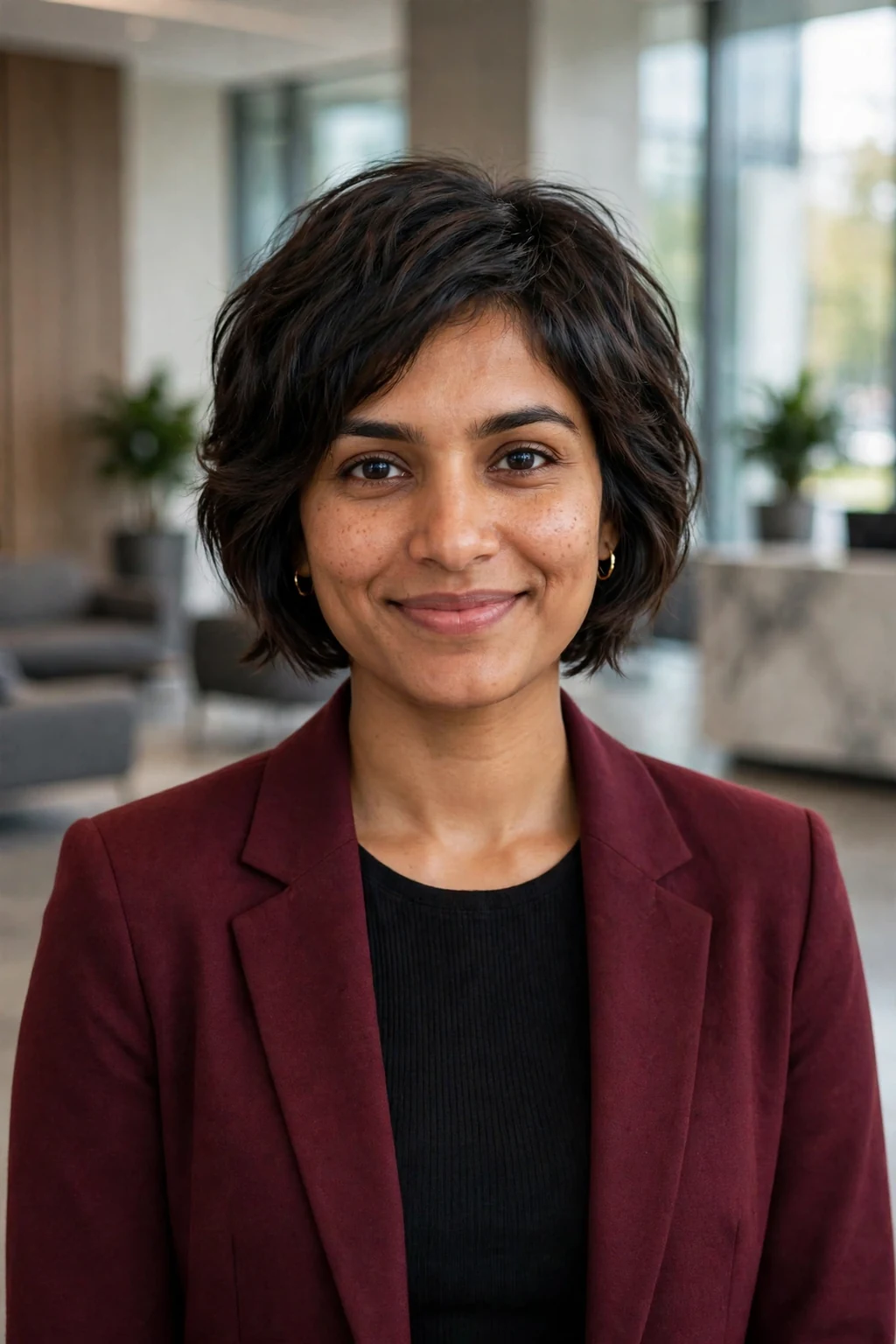 A young woman with a pixie bob hybrid haircut, longer pixie length blending into a soft bob shape.