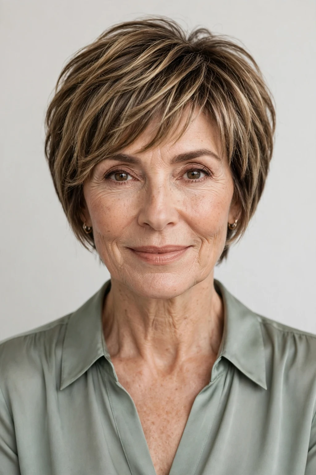Elegant woman over 50 with pixie bob mix, blended versatile length, flattering light.