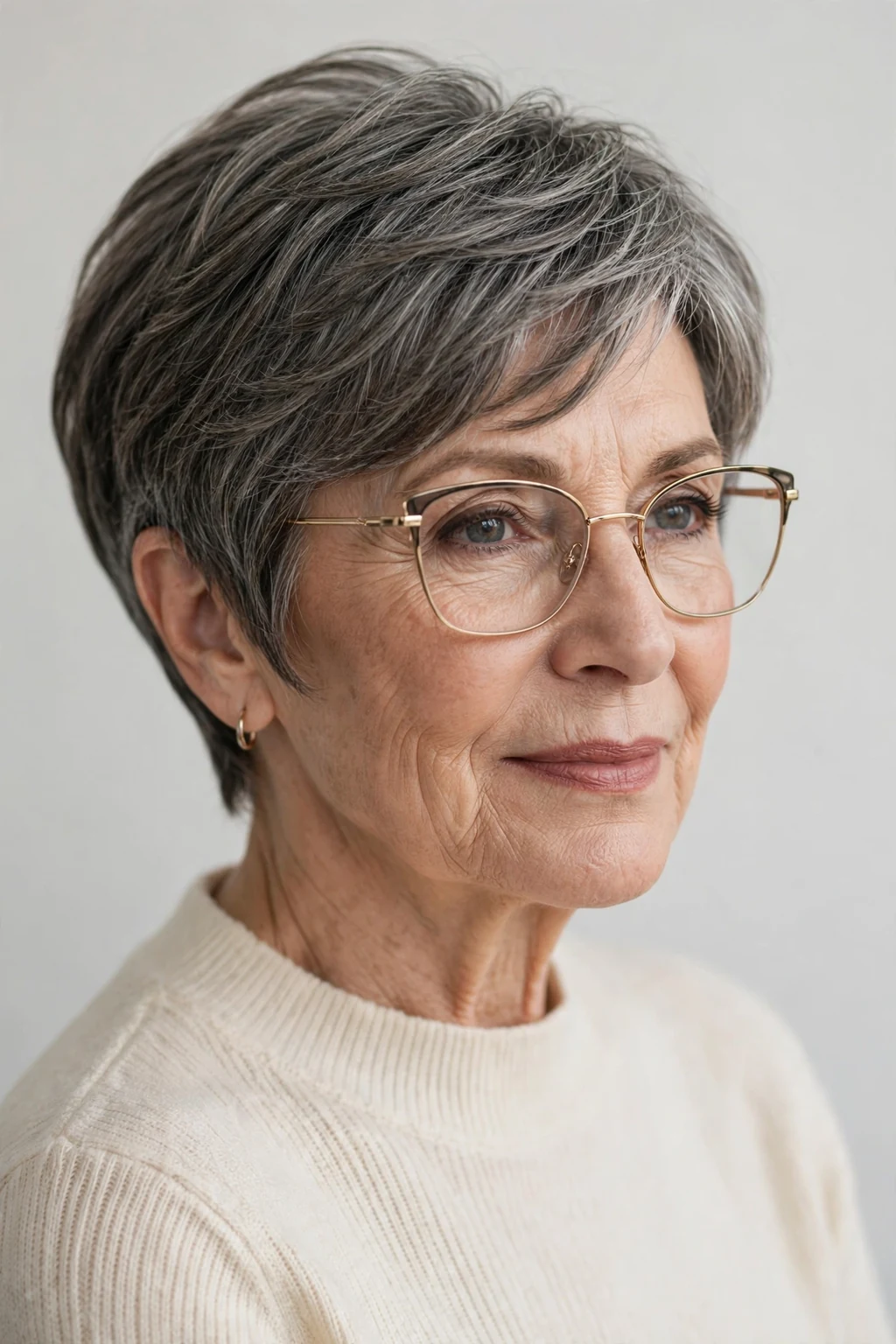 Elegant woman over 60 with glasses and pixie bob mix, blended versatile length, flattering light.