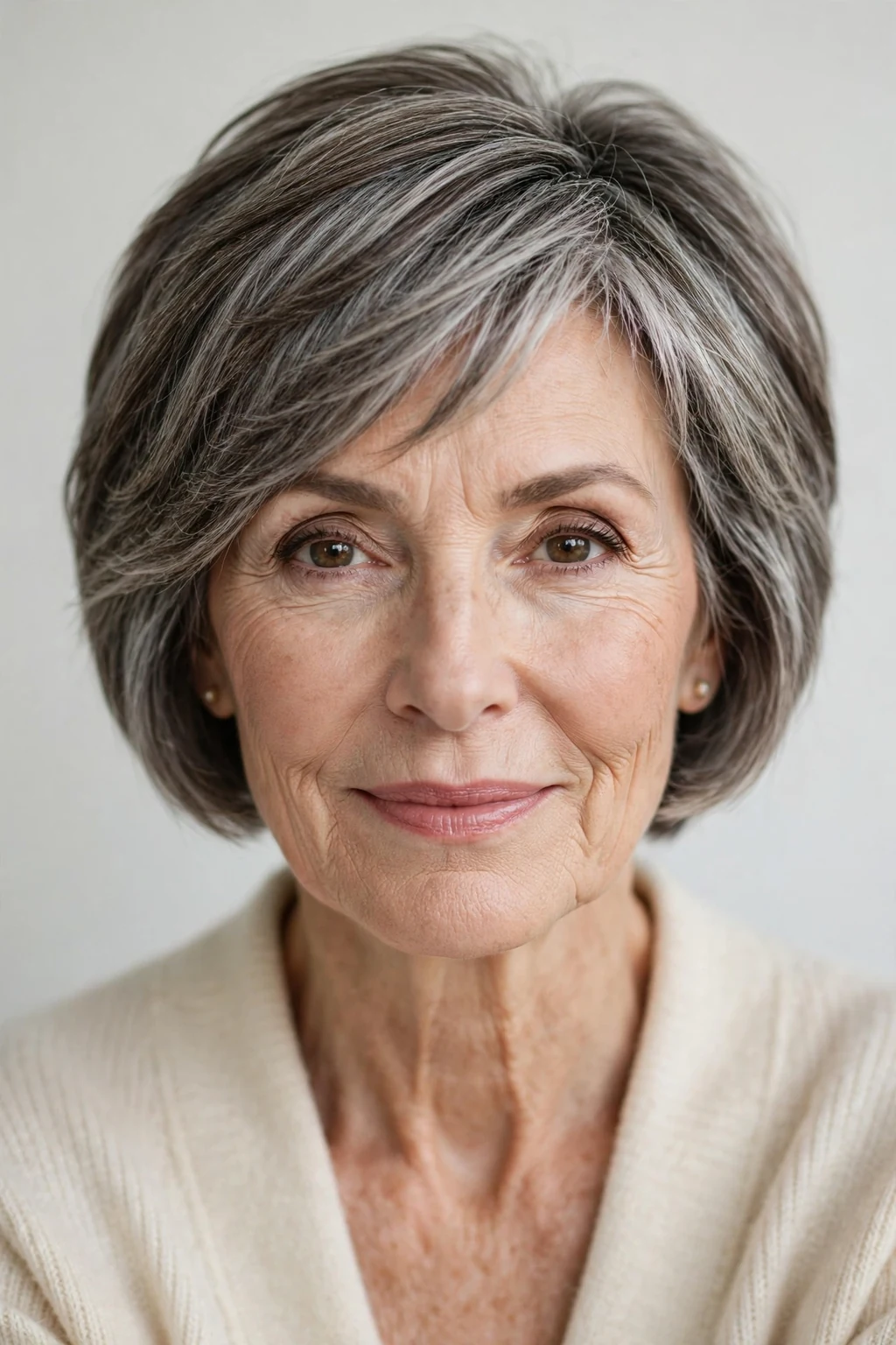 Elegant woman over 60 with pixie bob mix, blended versatile length, flattering light.