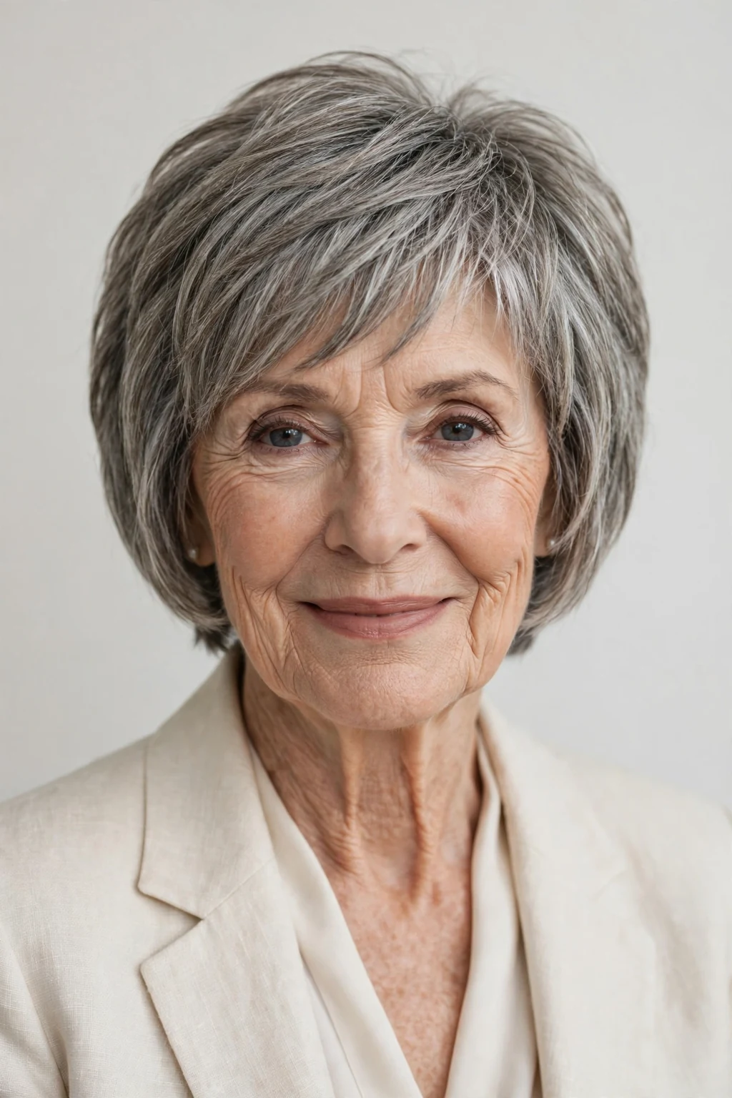 Elegant woman over 70 with pixie bob mix, blended versatile length, flattering light.