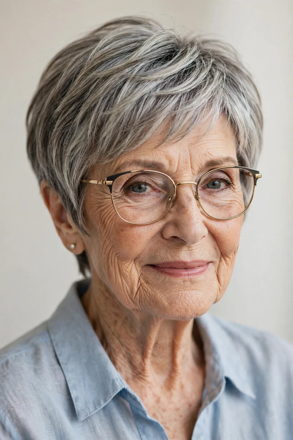 Elegant woman over 80 with glasses and pixie bob mix, blended versatile length, flattering light.