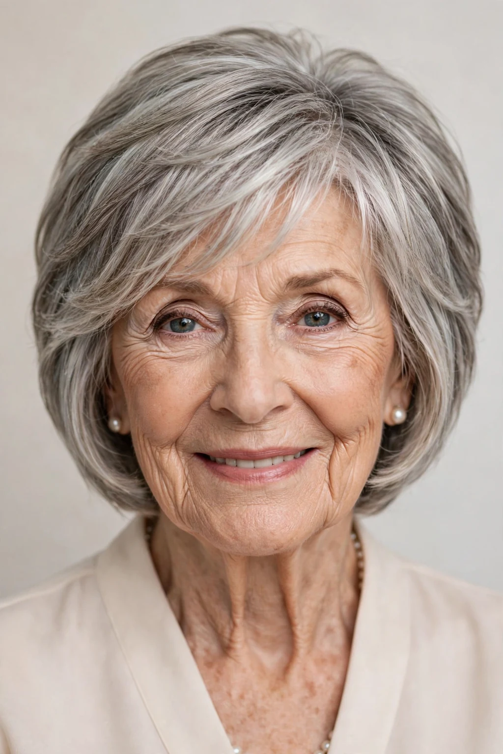 Elegant woman over 80 with pixie bob mix, blended versatile length, flattering light.