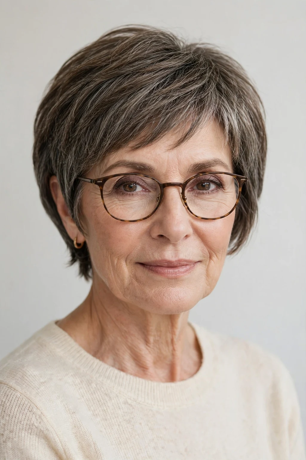 Elegant woman over 50 with glasses and pixie bob mix, blended versatile length, flattering light.