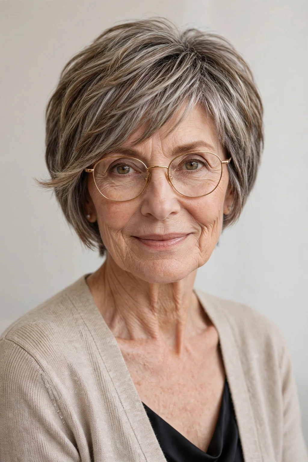 Elegant woman over 60 with glasses and pixie bob mix, blended versatile length, flattering light.