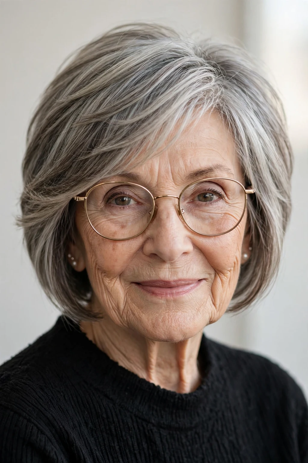Elegant woman over 70 with glasses and pixie bob mix, blended versatile length, flattering light.