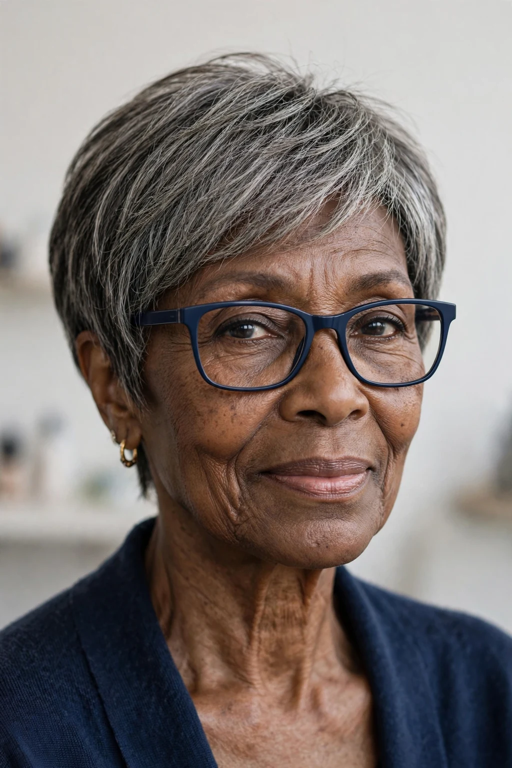 Elegant woman over 50 with fine hair and glasses and pixie bob mix, blended versatile length, flattering light.