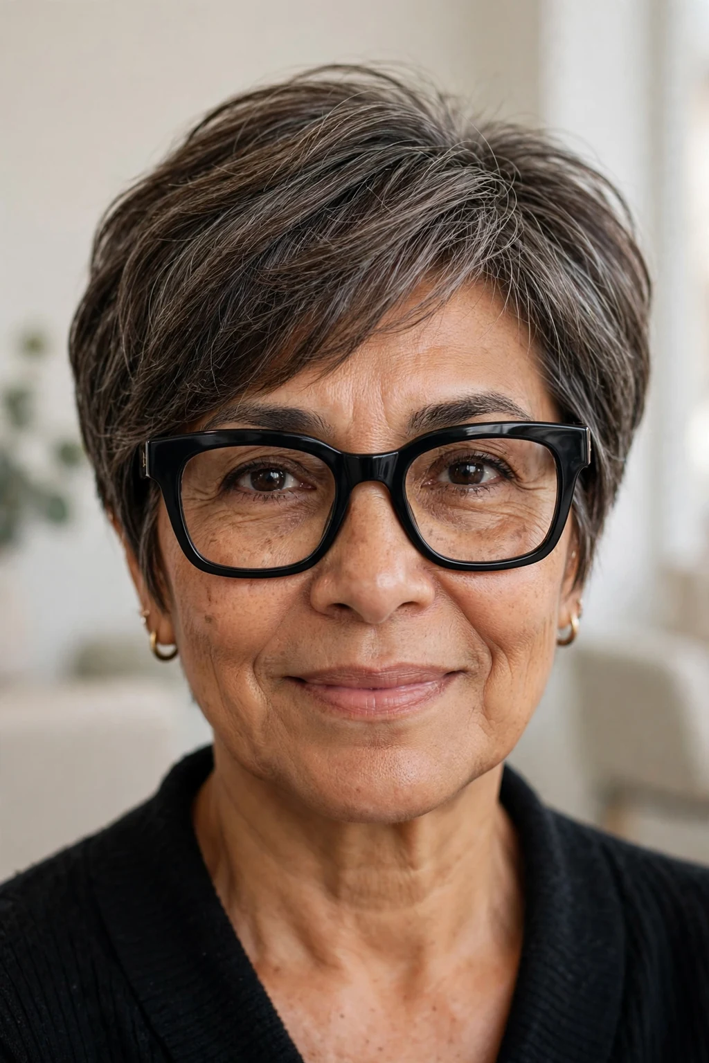 Elegant woman over 50 with fine hair and glasses and pixie bob mix, blended versatile length, flattering light.
