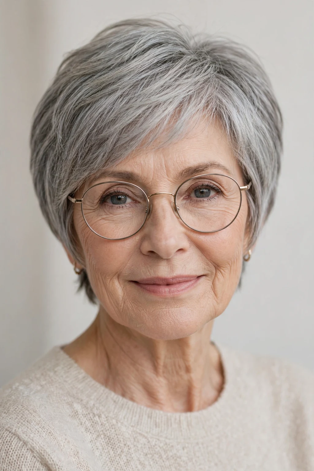 Elegant woman over 60 with fine hair and glasses and pixie bob mix, blended versatile length, flattering light.