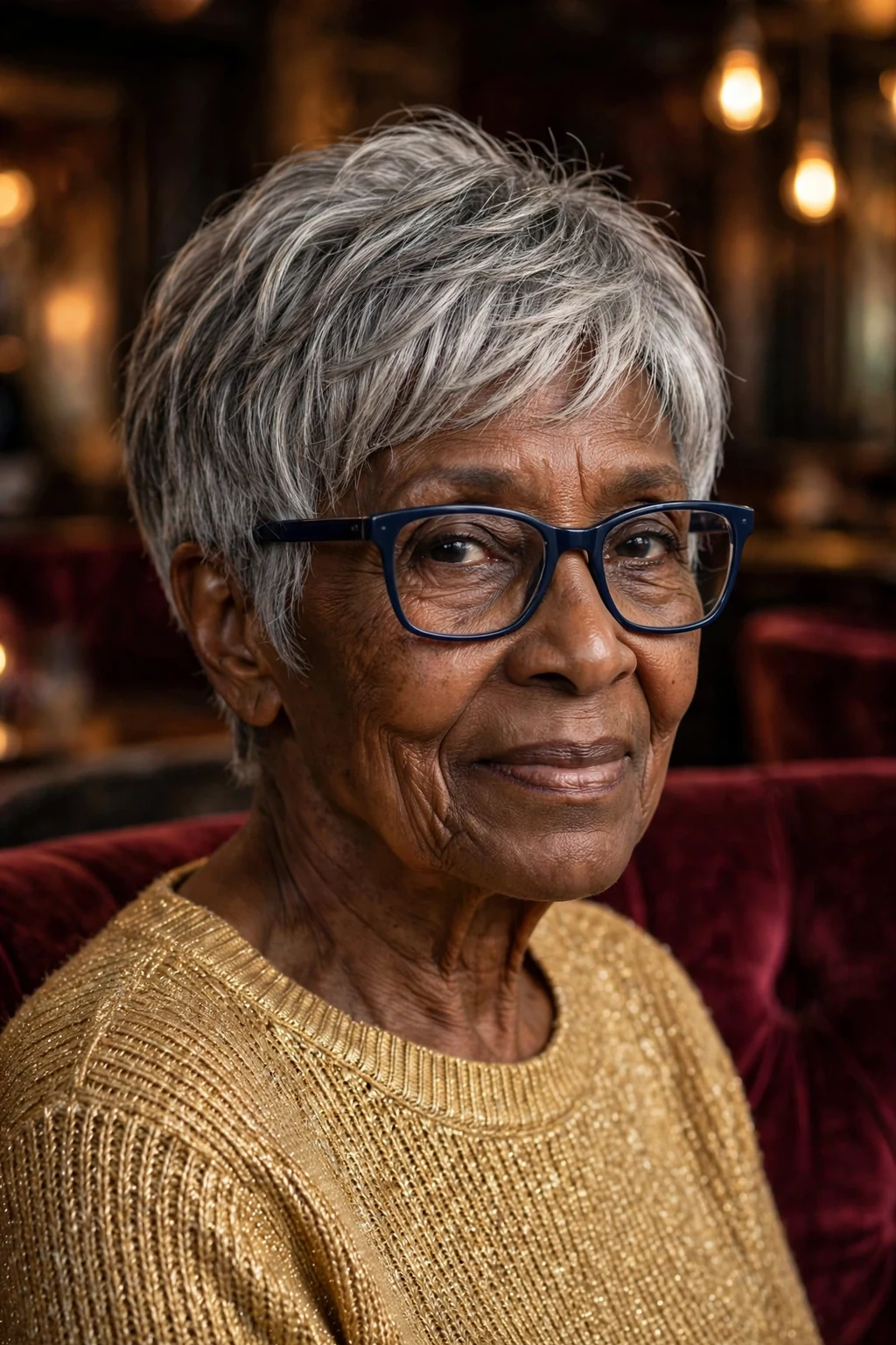 Elegant older woman over 70 with fine hair and glasses and pixie bob mix, blended versatile length, flattering light.