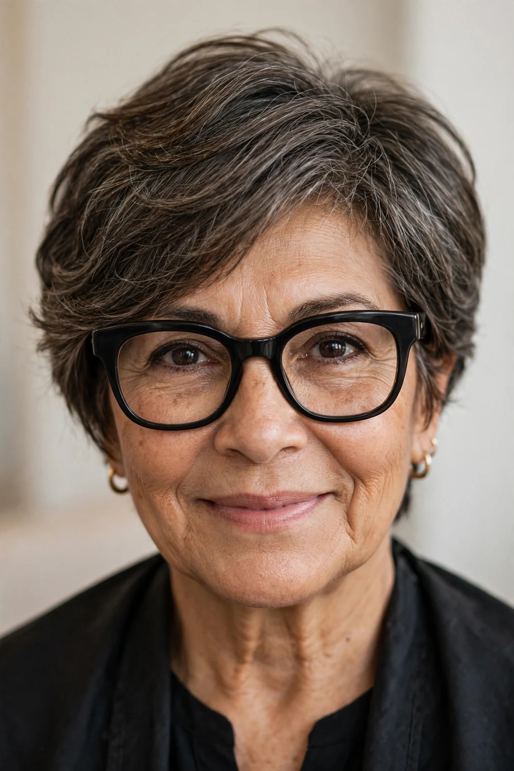 Elegant older woman with fine hair and glasses and pixie bob mix, blended versatile length, flattering light.