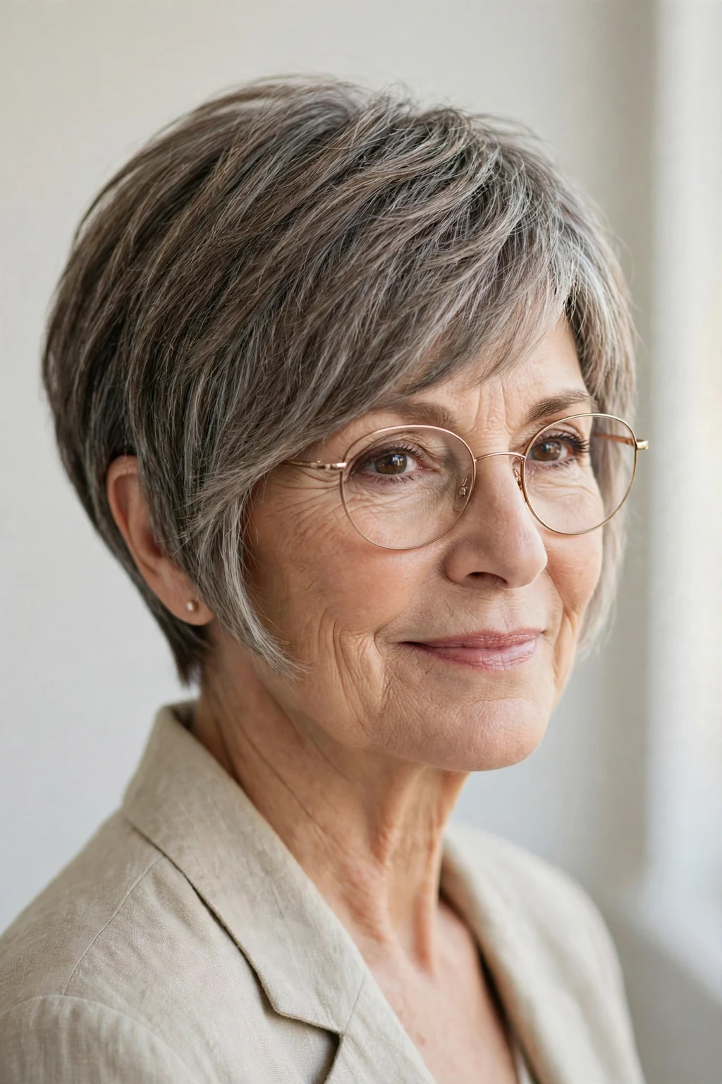 Elegant older woman with glasses and pixie bob mix, blended versatile length, flattering light.