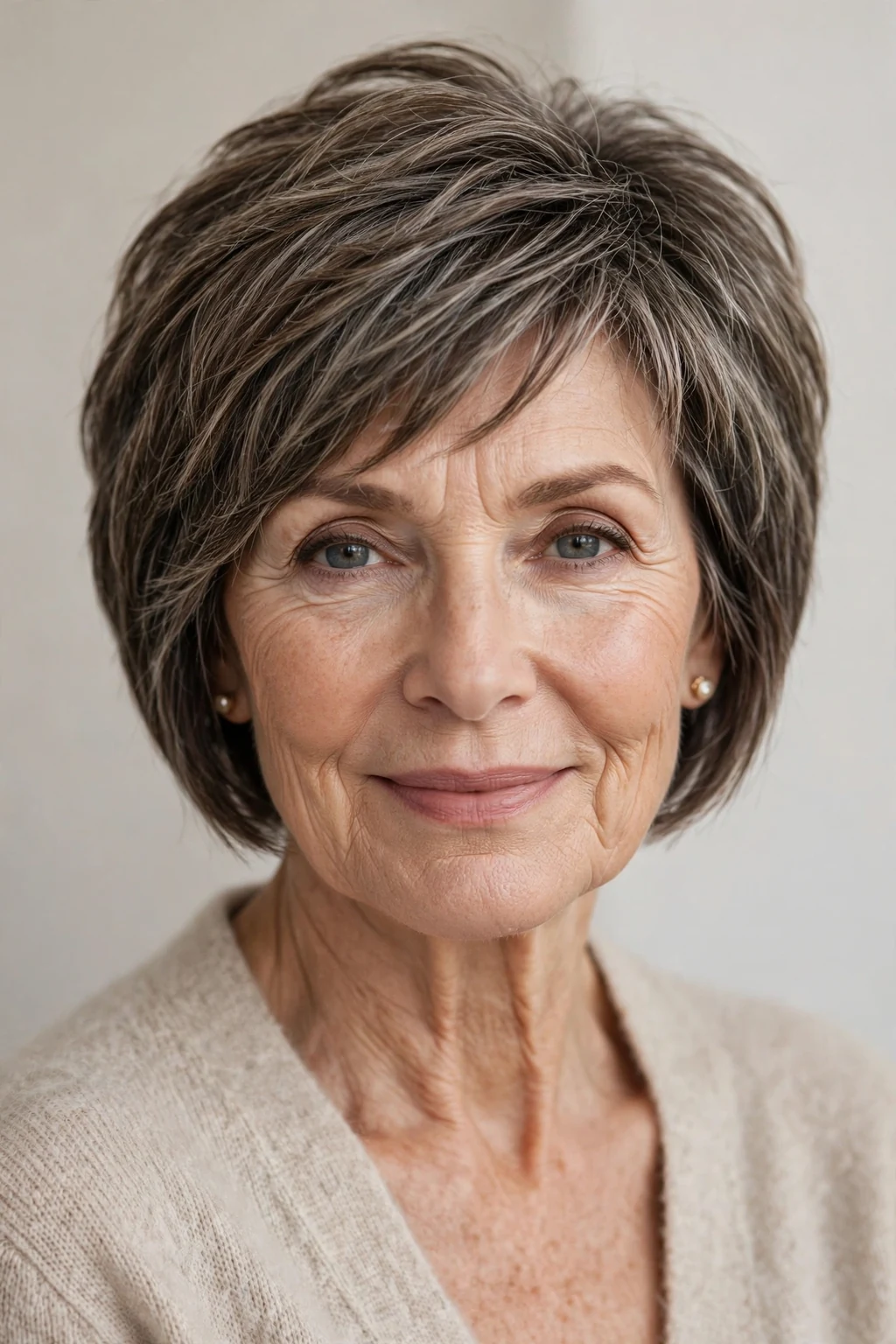 Elegant older woman with pixie bob mix, blended versatile length, flattering light.