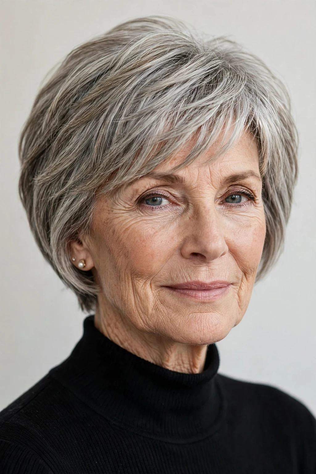 Elegant older woman over 60 with pixie bob mix, blended versatile length, flattering light.