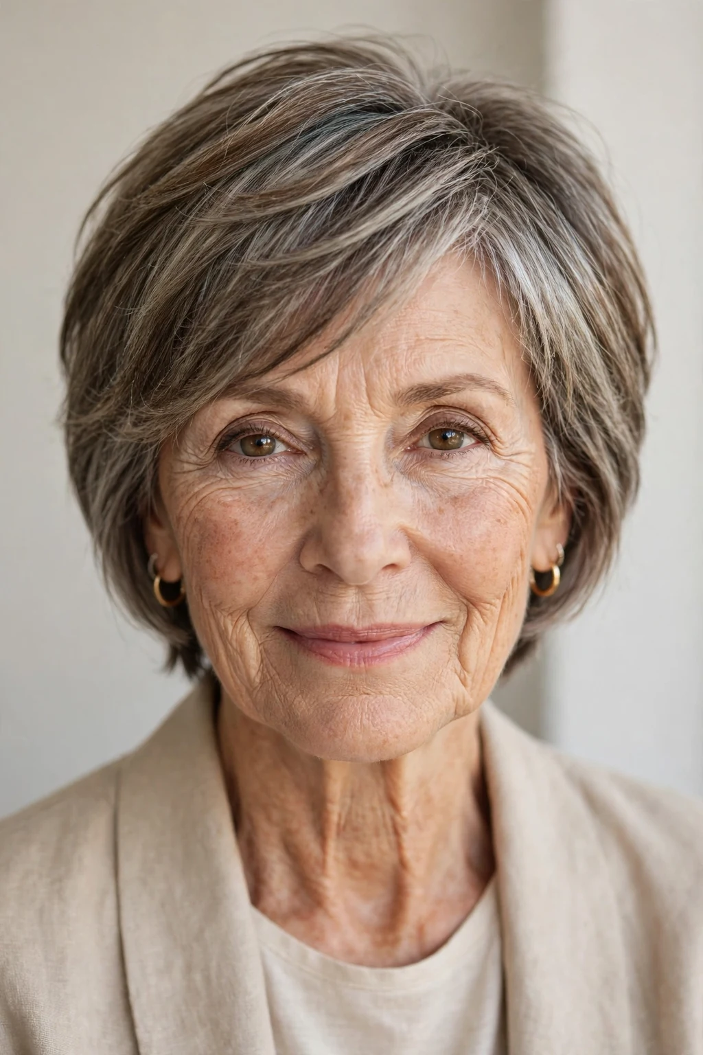 Elegant older woman with pixie bob mix, blended versatile length, flattering light.