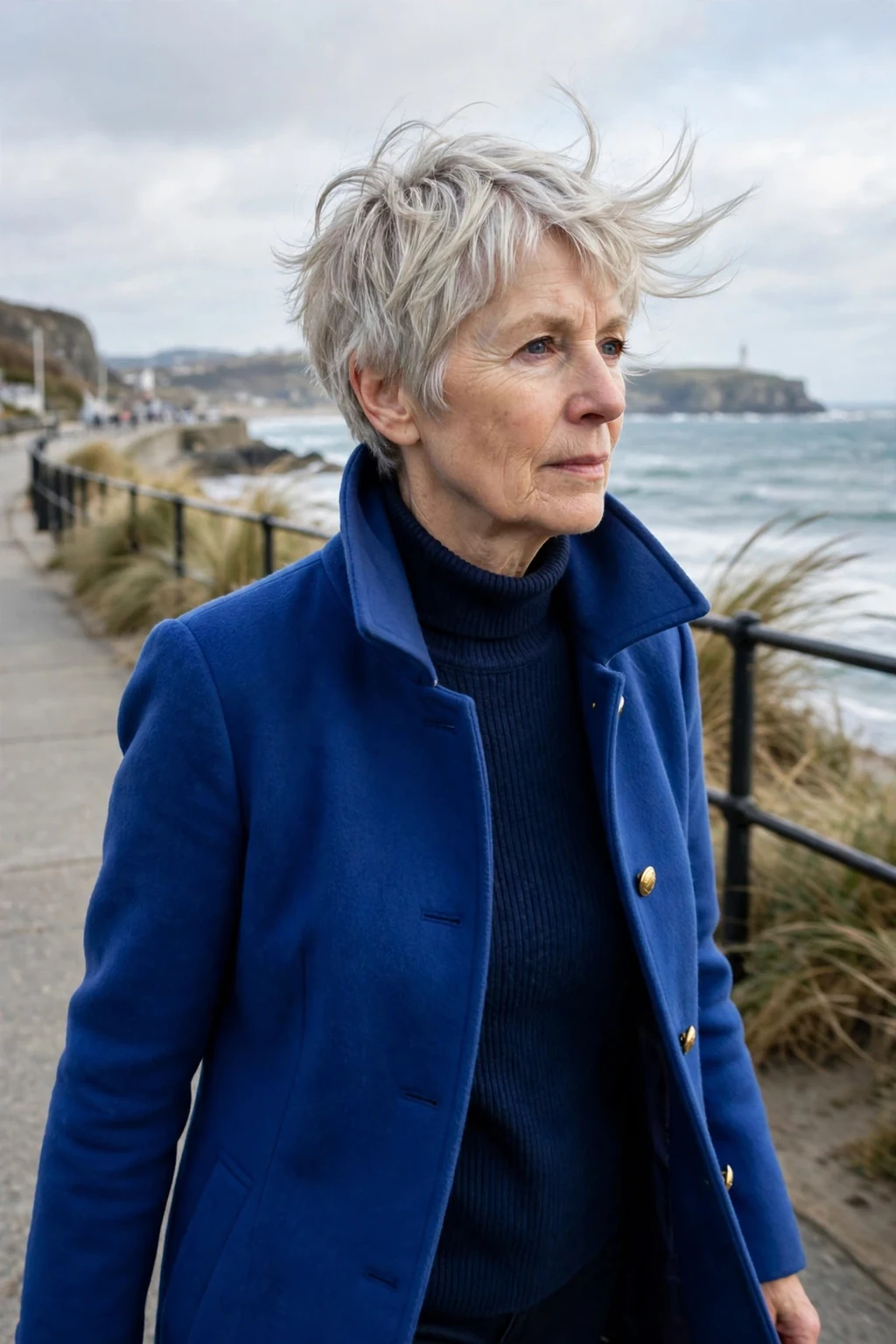 A Scandinavian woman in her early sixties with a pixie bob haircut, wearing a cobalt coat on a coastal promenade.