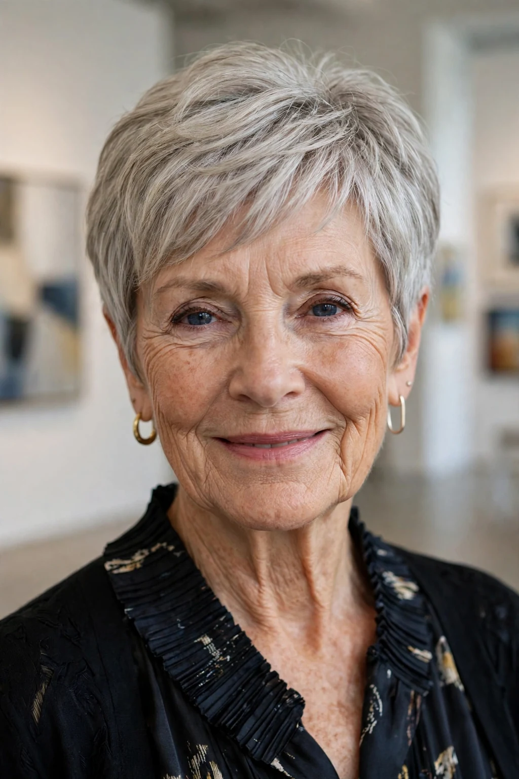Beautiful older woman with pixie bob wash-and-wear, chic pixie bob, trendy light.