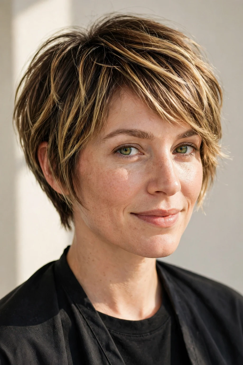 Woman with pixie bob and balayage, hand-painted color on short cut, sunlit photo.